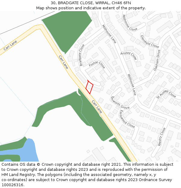 30, BRADGATE CLOSE, WIRRAL, CH46 6FN: Location map and indicative extent of plot