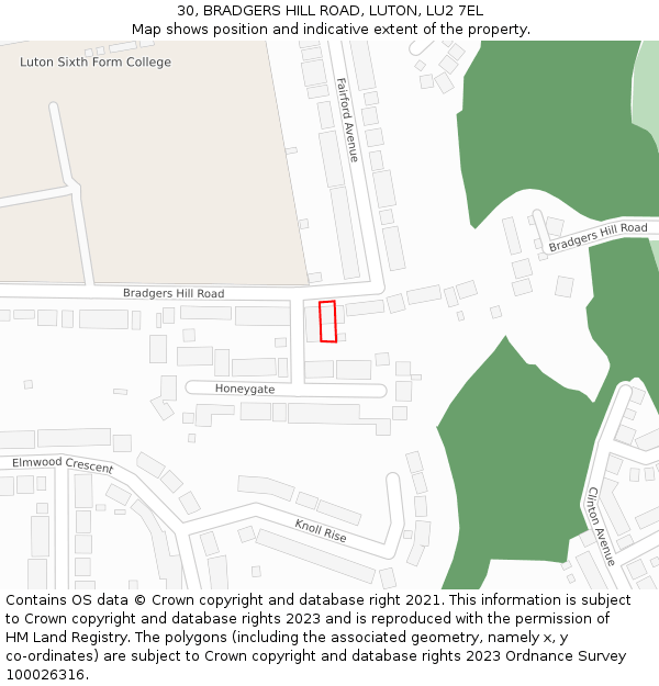 30, BRADGERS HILL ROAD, LUTON, LU2 7EL: Location map and indicative extent of plot