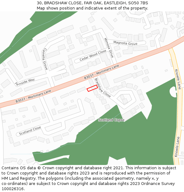 30, BRADSHAW CLOSE, FAIR OAK, EASTLEIGH, SO50 7BS: Location map and indicative extent of plot