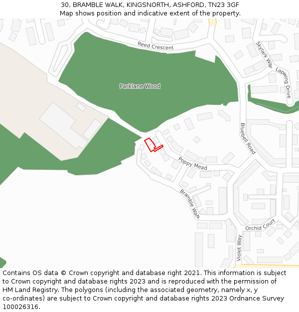 30, BRAMBLE WALK, KINGSNORTH, ASHFORD, TN23 3GF: Location map and indicative extent of plot