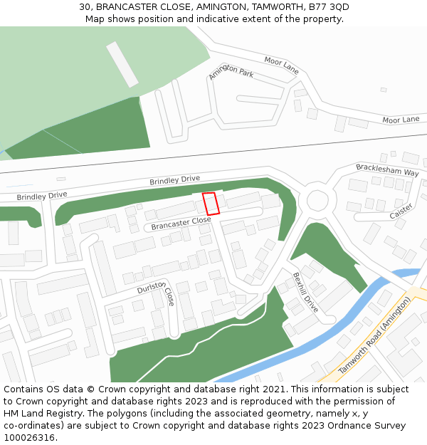 30, BRANCASTER CLOSE, AMINGTON, TAMWORTH, B77 3QD: Location map and indicative extent of plot
