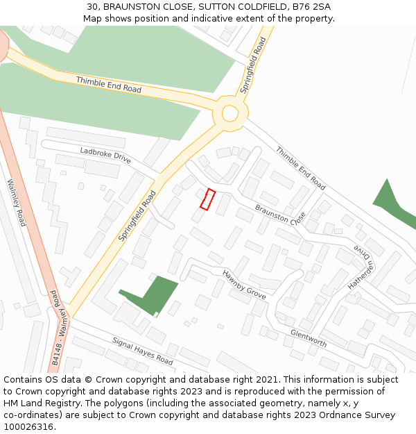 30, BRAUNSTON CLOSE, SUTTON COLDFIELD, B76 2SA: Location map and indicative extent of plot