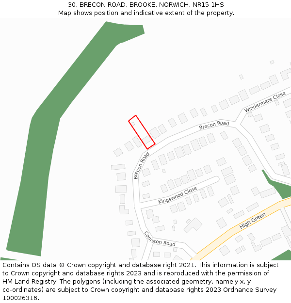 30, BRECON ROAD, BROOKE, NORWICH, NR15 1HS: Location map and indicative extent of plot