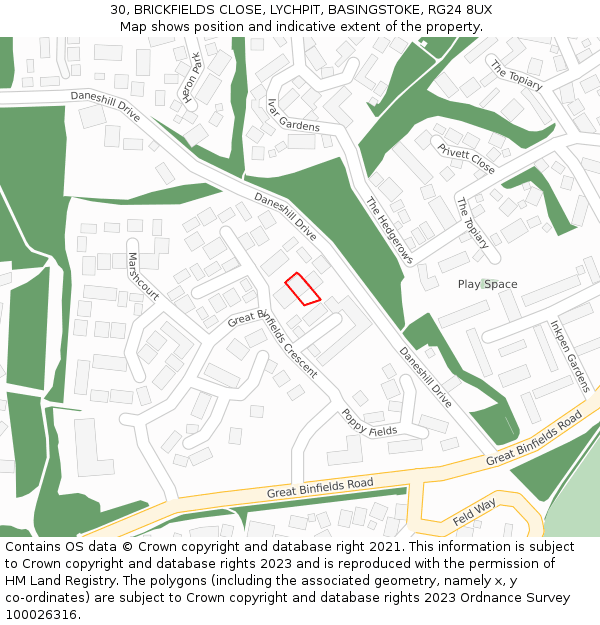 30, BRICKFIELDS CLOSE, LYCHPIT, BASINGSTOKE, RG24 8UX: Location map and indicative extent of plot