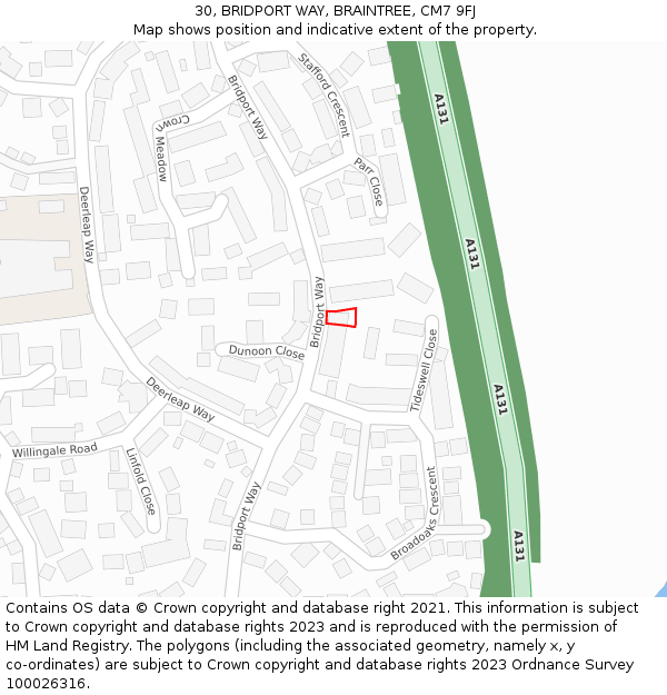 30, BRIDPORT WAY, BRAINTREE, CM7 9FJ: Location map and indicative extent of plot