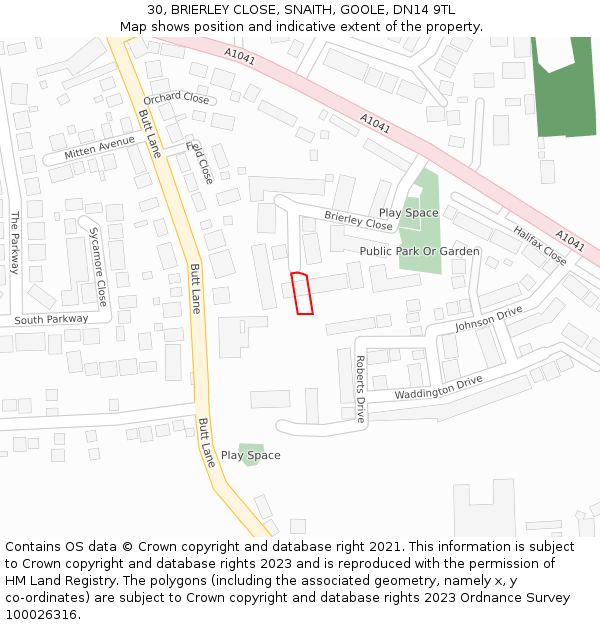 30, BRIERLEY CLOSE, SNAITH, GOOLE, DN14 9TL: Location map and indicative extent of plot