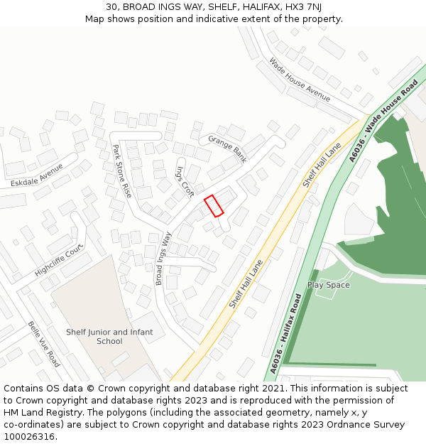 30, BROAD INGS WAY, SHELF, HALIFAX, HX3 7NJ: Location map and indicative extent of plot