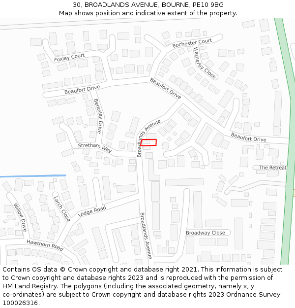 30, BROADLANDS AVENUE, BOURNE, PE10 9BG: Location map and indicative extent of plot