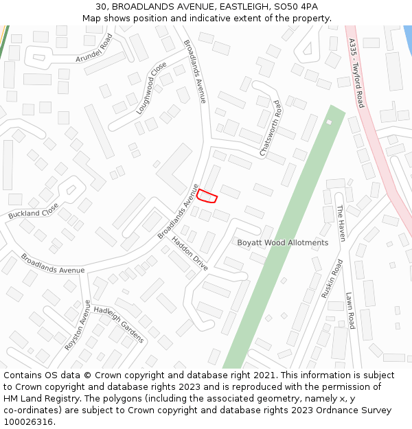 30, BROADLANDS AVENUE, EASTLEIGH, SO50 4PA: Location map and indicative extent of plot