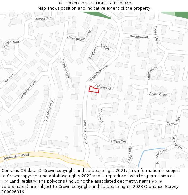 30, BROADLANDS, HORLEY, RH6 9XA: Location map and indicative extent of plot