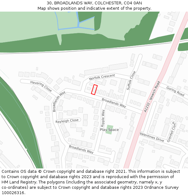 30, BROADLANDS WAY, COLCHESTER, CO4 0AN: Location map and indicative extent of plot