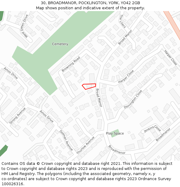 30, BROADMANOR, POCKLINGTON, YORK, YO42 2GB: Location map and indicative extent of plot