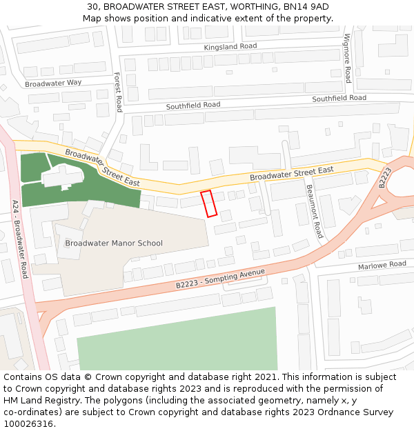 30, BROADWATER STREET EAST, WORTHING, BN14 9AD: Location map and indicative extent of plot