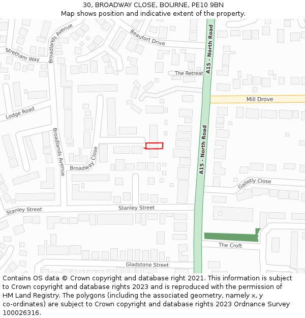 30, BROADWAY CLOSE, BOURNE, PE10 9BN: Location map and indicative extent of plot