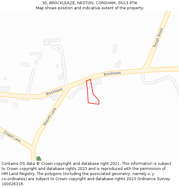 30, BROCKLEAZE, NESTON, CORSHAM, SN13 9TW: Location map and indicative extent of plot