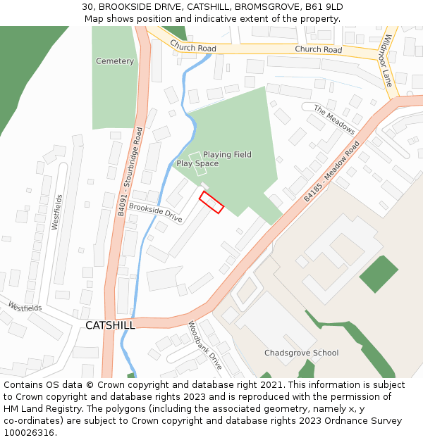 30, BROOKSIDE DRIVE, CATSHILL, BROMSGROVE, B61 9LD: Location map and indicative extent of plot