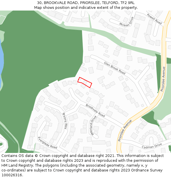 30, BROOKVALE ROAD, PRIORSLEE, TELFORD, TF2 9RL: Location map and indicative extent of plot