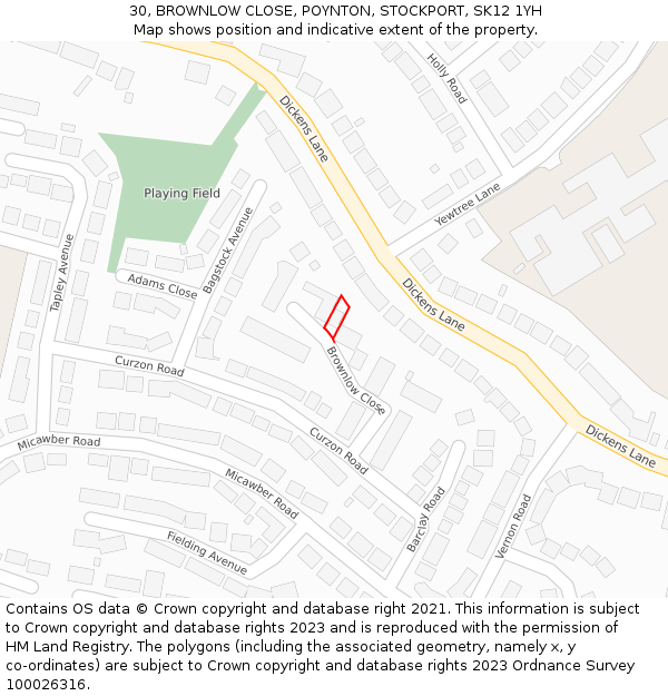 30, BROWNLOW CLOSE, POYNTON, STOCKPORT, SK12 1YH: Location map and indicative extent of plot