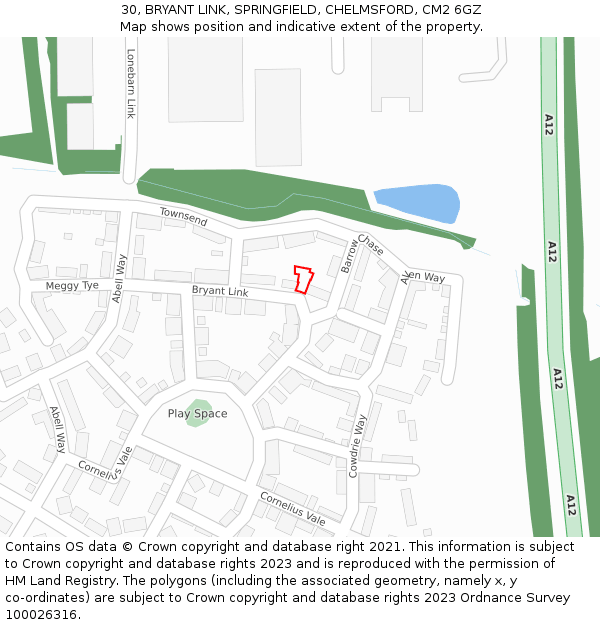 30, BRYANT LINK, SPRINGFIELD, CHELMSFORD, CM2 6GZ: Location map and indicative extent of plot