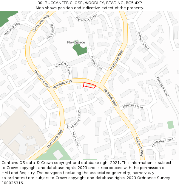 30, BUCCANEER CLOSE, WOODLEY, READING, RG5 4XP: Location map and indicative extent of plot