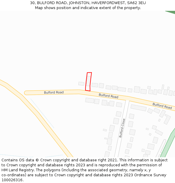 30, BULFORD ROAD, JOHNSTON, HAVERFORDWEST, SA62 3EU: Location map and indicative extent of plot