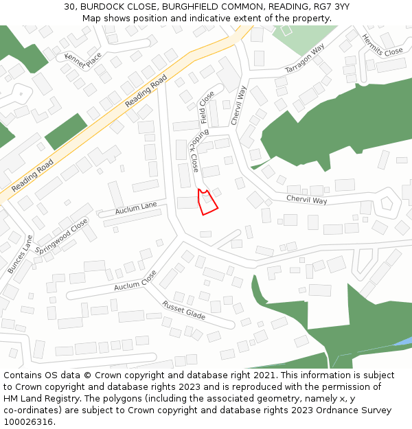 30, BURDOCK CLOSE, BURGHFIELD COMMON, READING, RG7 3YY: Location map and indicative extent of plot