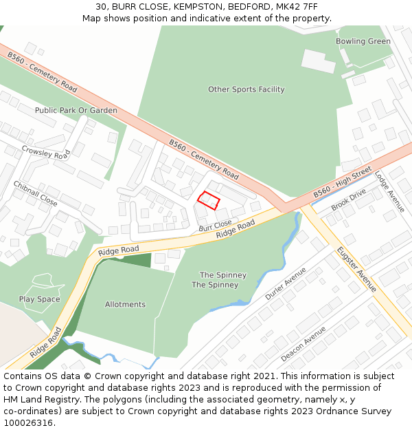 30, BURR CLOSE, KEMPSTON, BEDFORD, MK42 7FF: Location map and indicative extent of plot