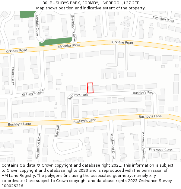 30, BUSHBYS PARK, FORMBY, LIVERPOOL, L37 2EF: Location map and indicative extent of plot