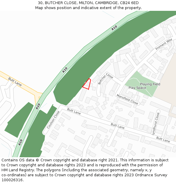 30, BUTCHER CLOSE, MILTON, CAMBRIDGE, CB24 6ED: Location map and indicative extent of plot