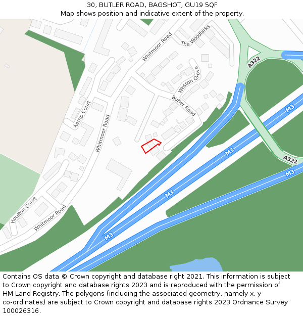 30, BUTLER ROAD, BAGSHOT, GU19 5QF: Location map and indicative extent of plot