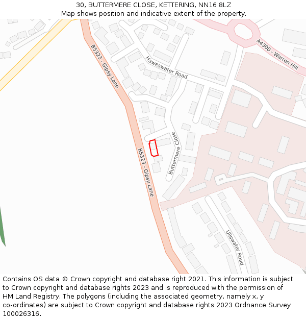 30, BUTTERMERE CLOSE, KETTERING, NN16 8LZ: Location map and indicative extent of plot