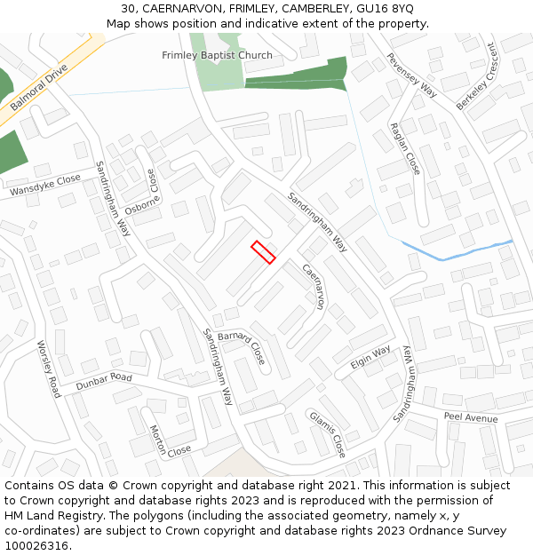 30, CAERNARVON, FRIMLEY, CAMBERLEY, GU16 8YQ: Location map and indicative extent of plot