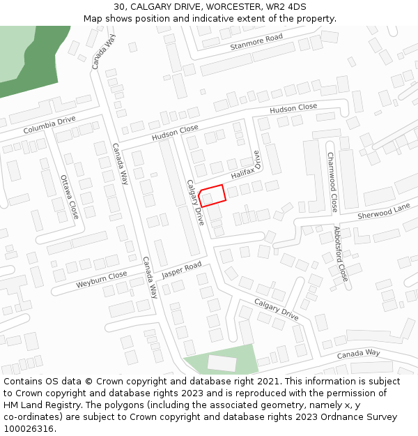 30, CALGARY DRIVE, WORCESTER, WR2 4DS: Location map and indicative extent of plot