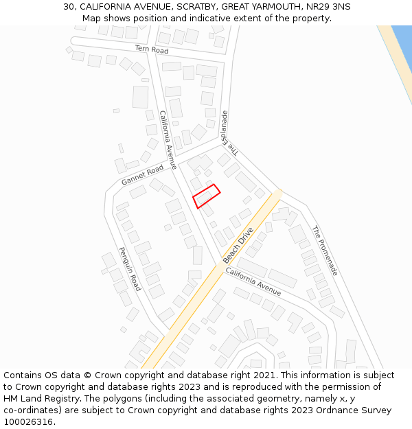 30, CALIFORNIA AVENUE, SCRATBY, GREAT YARMOUTH, NR29 3NS: Location map and indicative extent of plot