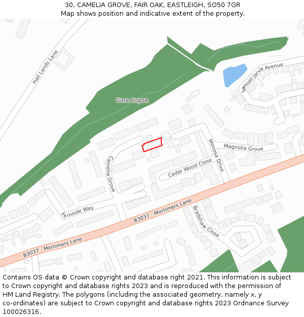 30, CAMELIA GROVE, FAIR OAK, EASTLEIGH, SO50 7GR: Location map and indicative extent of plot