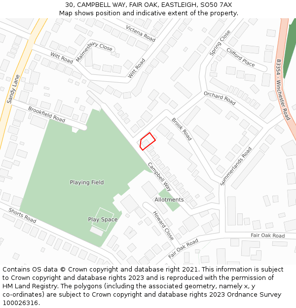 30, CAMPBELL WAY, FAIR OAK, EASTLEIGH, SO50 7AX: Location map and indicative extent of plot