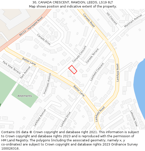 30, CANADA CRESCENT, RAWDON, LEEDS, LS19 6LT: Location map and indicative extent of plot