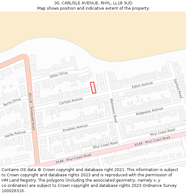 30, CARLISLE AVENUE, RHYL, LL18 3UD: Location map and indicative extent of plot