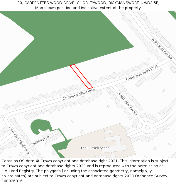 30, CARPENTERS WOOD DRIVE, CHORLEYWOOD, RICKMANSWORTH, WD3 5RJ: Location map and indicative extent of plot