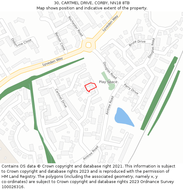 30, CARTMEL DRIVE, CORBY, NN18 8TB: Location map and indicative extent of plot