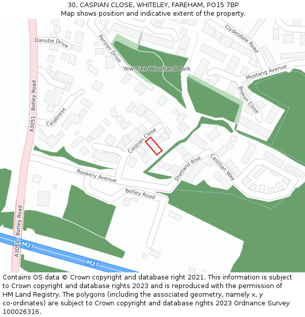 30, CASPIAN CLOSE, WHITELEY, FAREHAM, PO15 7BP: Location map and indicative extent of plot