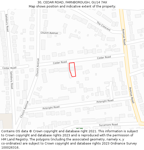 30, CEDAR ROAD, FARNBOROUGH, GU14 7AX: Location map and indicative extent of plot