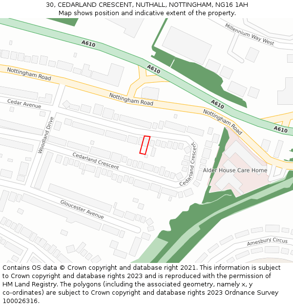 30, CEDARLAND CRESCENT, NUTHALL, NOTTINGHAM, NG16 1AH: Location map and indicative extent of plot