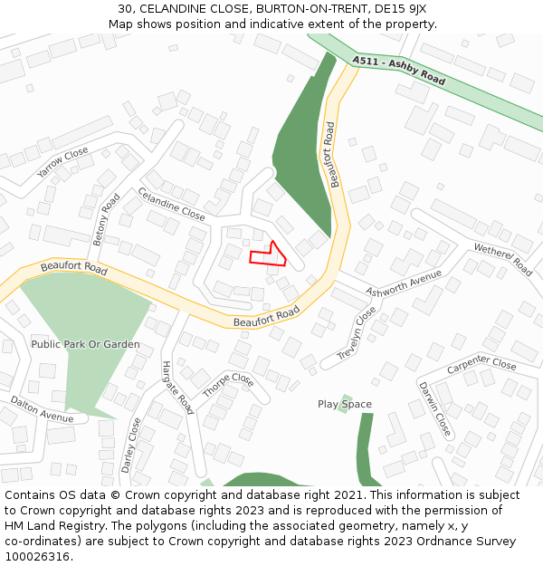 30, CELANDINE CLOSE, BURTON-ON-TRENT, DE15 9JX: Location map and indicative extent of plot