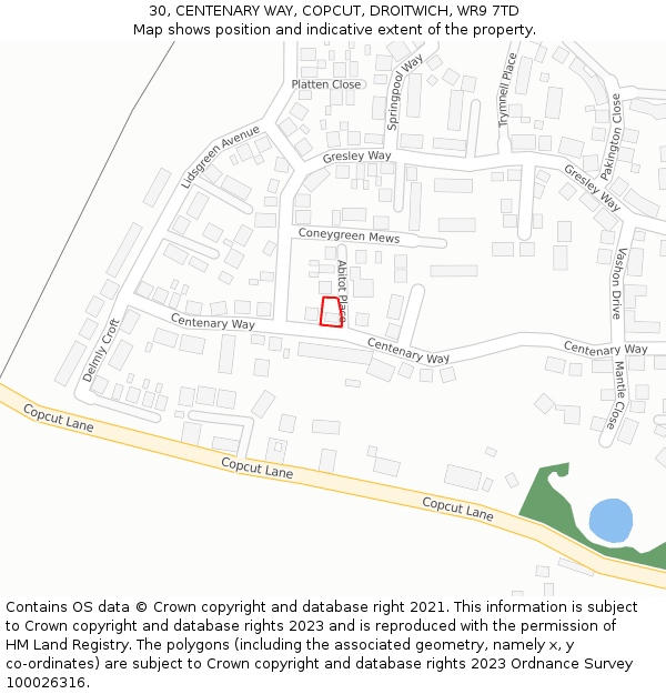 30, CENTENARY WAY, COPCUT, DROITWICH, WR9 7TD: Location map and indicative extent of plot