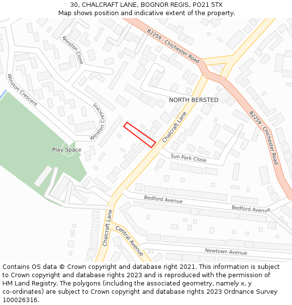 30, CHALCRAFT LANE, BOGNOR REGIS, PO21 5TX: Location map and indicative extent of plot