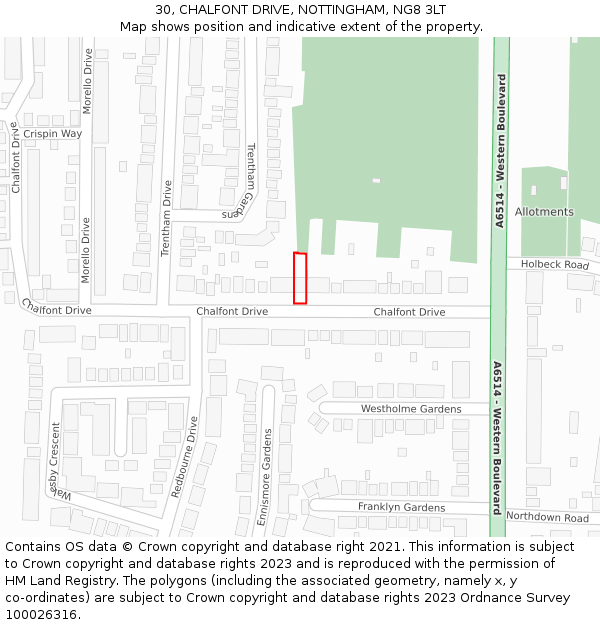 30, CHALFONT DRIVE, NOTTINGHAM, NG8 3LT: Location map and indicative extent of plot