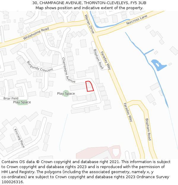 30, CHAMPAGNE AVENUE, THORNTON-CLEVELEYS, FY5 3UB: Location map and indicative extent of plot