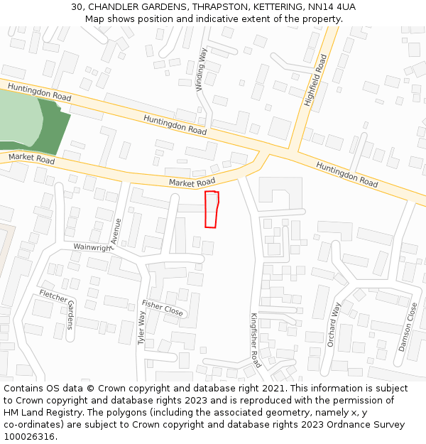 30, CHANDLER GARDENS, THRAPSTON, KETTERING, NN14 4UA: Location map and indicative extent of plot