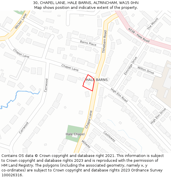 30, CHAPEL LANE, HALE BARNS, ALTRINCHAM, WA15 0HN: Location map and indicative extent of plot